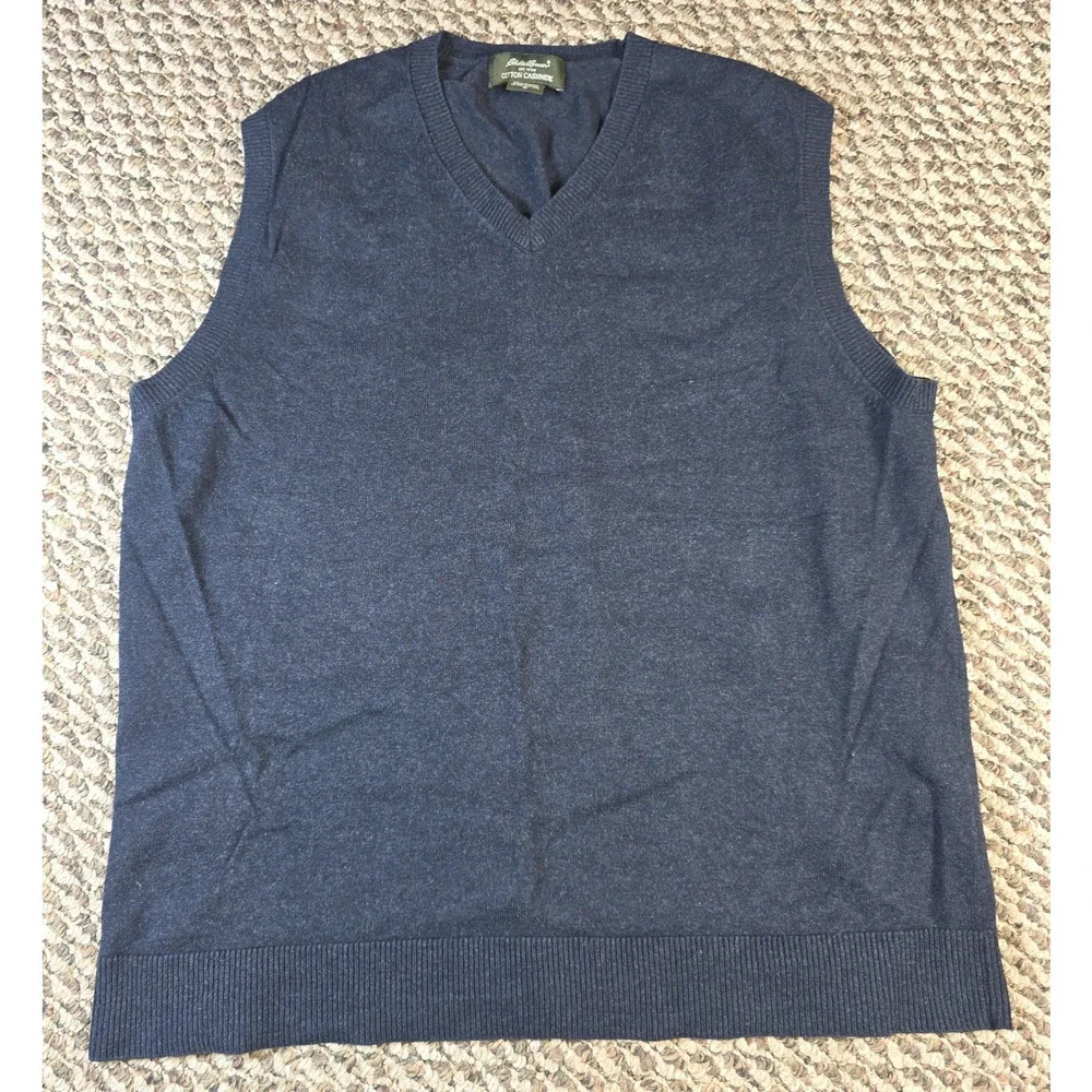 Eddie Bauer Mens M Cotton Cashmere V Neck Sweater Vest Navy Preppy Classic